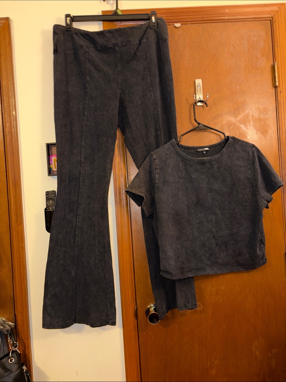 Fashion Nova Washed Black Flare Pants & Cropped Tee Set